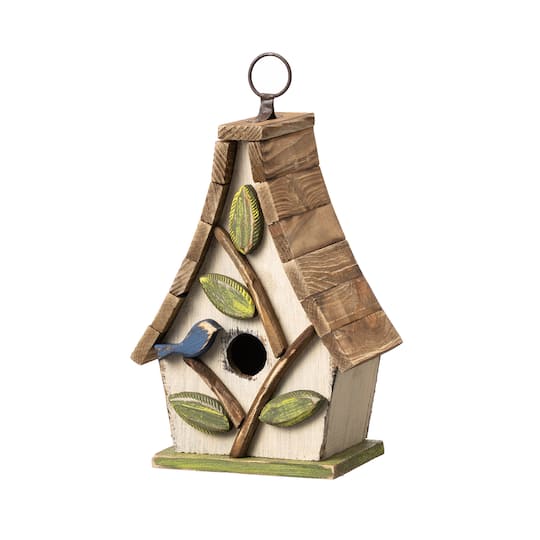 Glitzhome® 9.5" White Distressed Wood Birdhouse with Leaves